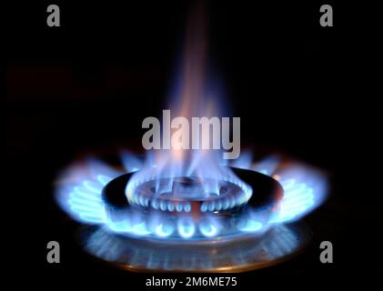 La fiamma del gas brucia su una stufa con fiamma blu Foto Stock