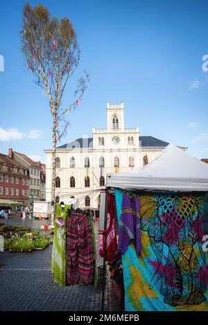 Weimar municipio piazza mercato dei fiori stand fontana unesco Thuringia Germania Foto Stock