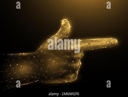 Illustrazione del vettore poligonale con pistola a dito su sfondo scuro. Segnale del movimento della mano con basso design in poli. Gesto di scatto a mano concep Foto Stock