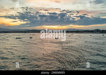 Navi e pescatori stanno pescando le acciughe nell'isola di Yen, Phu Yen, Vietnam Foto Stock