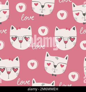 Modello senza cuciture con cuori rossi, dichiarazioni d'amore e gatti. San Valentino sfondo con simboli di amore, romanticismo e passione. Illustrazione Vettoriale