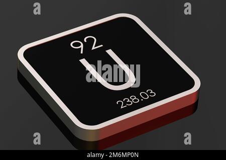 Elemento di uranio da tavola periodica su blocco quadrato nero Foto Stock