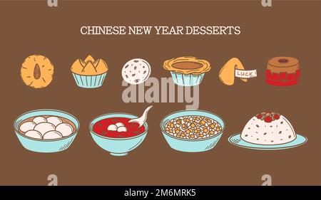 CNY Celebration, Chinese New Year Dessert illustrazione vettoriale in stile doodle. Disegno tradizionale di cucina asiatica. Illustrazione Vettoriale