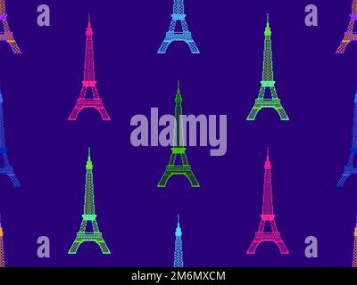 Modello senza cuciture con Torre Eiffel in stile pixel art. Set di torri Eiffel a 8 bit in stile video game retrò. Design per carta da parati, carta da imballaggio e. Illustrazione Vettoriale