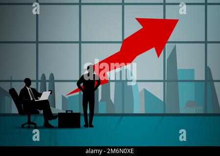 Uomo d'affari nella sala riunioni con grafica a freccia Foto Stock