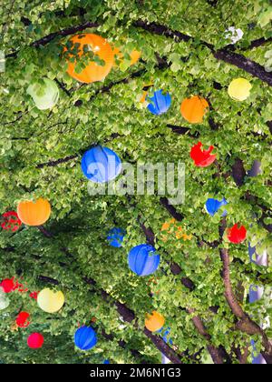 Lanterna di carta colorata appesa con alberi Foto Stock