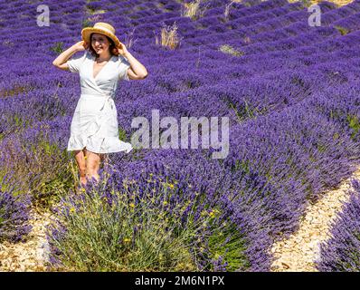 Francia. Provenza. Vaucluse (84) Plateau de Sault, capitale della lavanda. Durante la fioritura, i turisti sono abituati ad essere fotografati nei campi, il CH Foto Stock