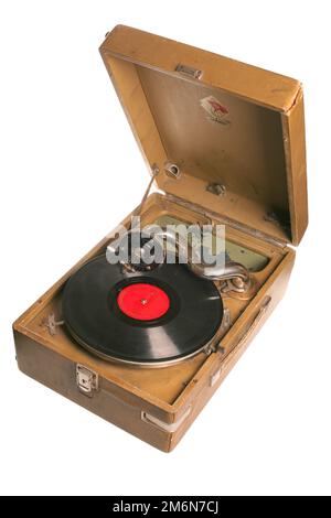 Lettore di dischi in vinile vintage su sfondo bianco Foto Stock