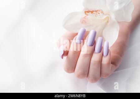 Mani di ragazza con delicata manicure viola e fiori di orchidea. Il concetto di bellezza e cura del corpo. Foto Stock