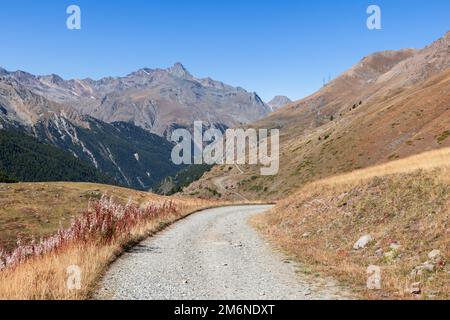 Ampio sentiero ghiaioso ben riempito, adagiato lungo pendii di montagne granitiche ricoperte di erba appassita d'autunno nel Parco Nazionale del Gran Paradiso, Valle d'Aosta Foto Stock