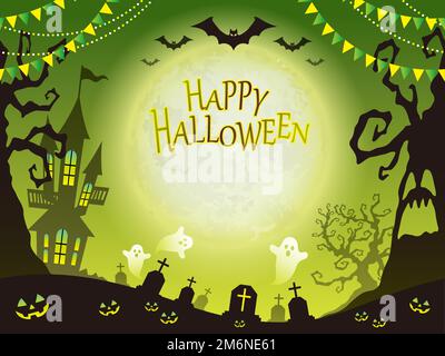 Illustrazione di sfondo del vettore di Halloween felice senza cuciture con la dimora infestata, gli alberi infestati, i fantasmi, la luna e lo spazio di testo. Ripetizione orizzontale Illustrazione Vettoriale