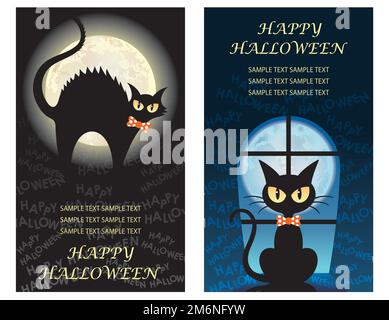 Happy Halloween Vector biglietto d'auguri Template Set con gatti neri. Illustrazione Vettoriale