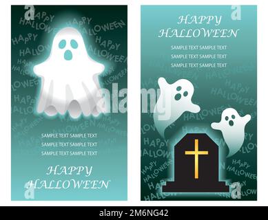 Set di Happy Halloween Vector Greeting Card Templates con fantasmi. Illustrazione Vettoriale