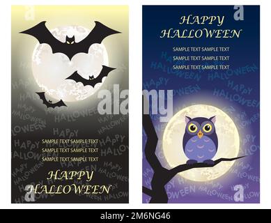 Set di Happy Halloween Vector Greeting Card Templates con pipistrelli e un gufo. Illustrazione Vettoriale
