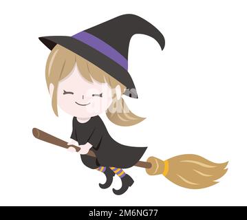 Cute Witch Flying su Magic Brooms isolato su uno sfondo bianco. Illustrazione di Halloween del vettore. Illustrazione Vettoriale