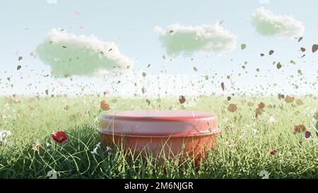 Erba verde Texture con un podio di 3D o stand in pietra o cemento con cielo blu Foto Stock