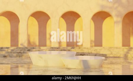 Podio vuoto in marmo bianco su sfondo color pastello. Scatole minimal e podio geometrico. Scenografia con forme geometriche. 3d illut Foto Stock