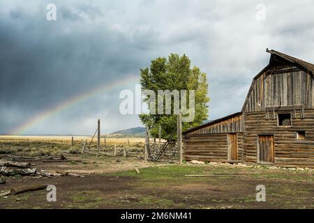 Vecchio fienile in legno a Mormon Row vicino a Jackson nel Wyoming Foto Stock