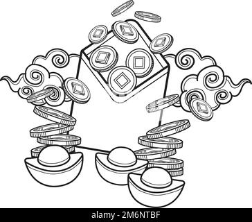 Buste rosse cinesi disegnate a mano e illustrazione del denaro isolato sullo sfondo Illustrazione Vettoriale