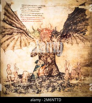 Foglio manoscritto antico. Libro gotico con illustrazione satanica dell'inferno. Foto Stock
