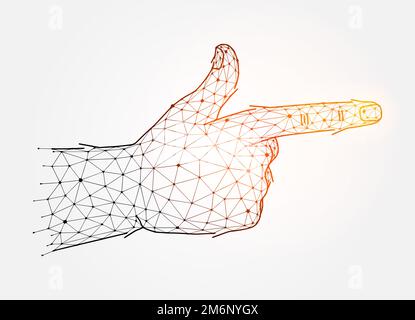 Concetto di gesto di scatto a mano art.. Illustrazione del vettore poligonale con pistola a dito su sfondo bianco. Segnale movimento mano basso poli Foto Stock