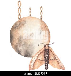 Acquerello bella figura di luna gialla con catena e falce. Arte contemporanea in colore tenue e sporco, neutro e alla moda. Foto Stock