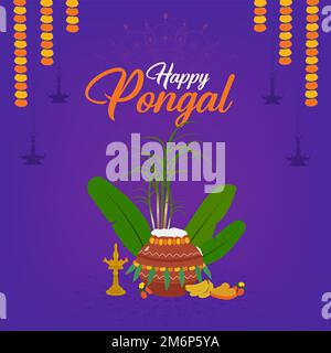 Felice Pongal festival religioso del Sud India sfondo celebrazione. Illustrazione vettoriale per banner, biglietto di invito e modello di post sui social media Foto Stock