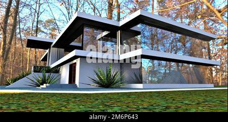 Il progetto di una splendida casa di campagna nella foresta. Foglie cadute sulla terra. Grande giorno d'autunno. rendering 3d. Foto Stock