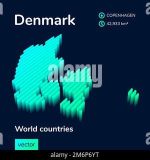 Mappa digitale al neon digitale a righe isometriche Danimarca 3D in colori verde e menta su sfondo nero. Illustrazione Vettoriale