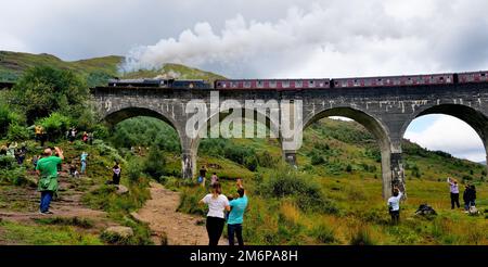 Le persone che guardano e sventolano verso il treno a vapore Jacobite mentre attraversa il viadotto di Glenfinnan nelle Highlands scozzesi. Foto Stock