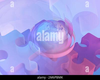 Modello landing page per analisi dei dati aziendali, finanza, banche, app di gestione, consulenza, social media, marketing. Globo terrestre, pezzi di puzzle. 3 Foto Stock