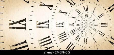 Effetto Droste sfondo con infinita spirale di clock. Disegno astratto per concetti relativi al tempo. Foto Stock