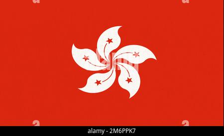 Bandiera di Hong Kong sulla superficie del tessuto. Bandiera nazionale di Hong Kong su sfondo strutturato. Struttura del tessuto. Foto Stock