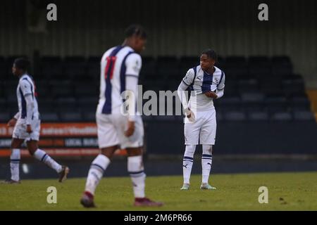 Hednesford, Regno Unito. 05th Jan, 2023. Akeel Higgins di West Bromwich Albion reagisce a tempo pieno nella partita della Premier League Cup di West Bromwich Albion contro Middlesbrough U23 a Keys Park, Hednesford, Regno Unito, 5th gennaio 2023 (Foto di Gareth Evans/News Images) a Hednesford, Regno Unito il 1/5/2023. (Foto di Gareth Evans/News Images/Sipa USA) Credit: Sipa USA/Alamy Live News Foto Stock