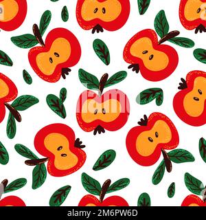 Modello senza cuciture con mele rosse tagliate su sfondo blu Foto Stock