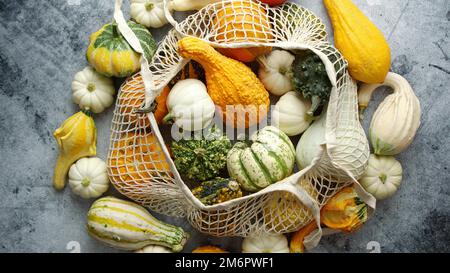 Zucche colorate in borsa shopping mesh su sfondo di pietra Foto Stock