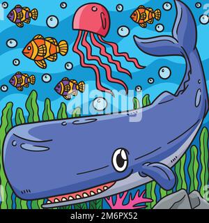 Cartoon colorato animale marino di balena dello sperma Illustrazione Vettoriale