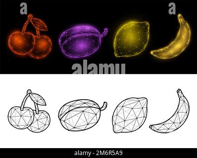 Illustrazione vettoriale poligonale di ciliegia, prugna, limone e banana isolata su sfondo bianco e nero. Set di frutta basso disegno di poli Foto Stock