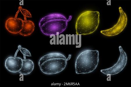 Illustrazione vettoriale poligonale di ciliegia, prugna, limone e banana isolata su sfondo nero. Set di frutta basso disegno di poli. Slot mac Foto Stock