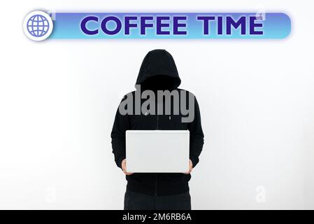 Didascalia concettuale tempo caffè. Foto concettuale un breve periodo di tempo in cui si smette di lavorare per riposare Foto Stock