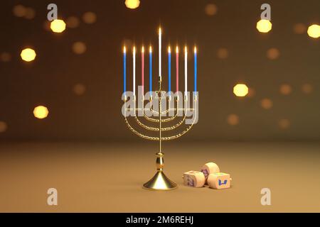 3D rendering immagine della vacanza ebraica Hanukkah con menorah o tradizionale Candelabra e sognature di legno o top rotante su un Foto Stock