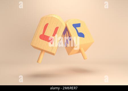 3D rendering immagine della vacanza ebraica Hanukkah con sognature di legno o top rotante su sfondo giallo. Foto Stock