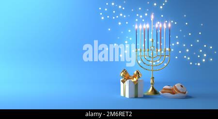 3D rendering immagine della vacanza ebraica Hanukkah con menorah o tradizionale Candelabra, gif box, donut su uno sfondo blu. Foto Stock