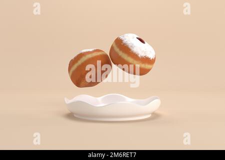 3D rendering immagine della vacanza ebraica Hanukkah con ciambelle su sfondo giallo. Foto Stock