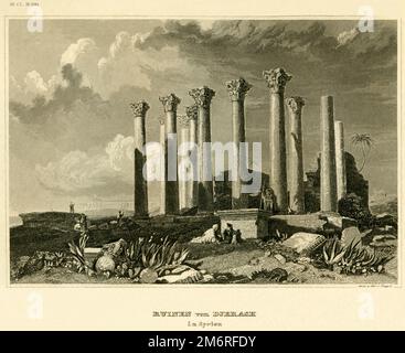 Asien, Jordanien, Jerash, Originaltext : Ruinen von Djerash in Syrien ' , Römischer Tempel der Artemis, Stahlstich von Poppel, um 1840 / Asia, Giordania, Jerash, testo originale : ' rovine di Djerash in Siria ' , tempio romano di Artemis, incisione in acciaio di Poppel, intorno al 1840 . Foto Stock