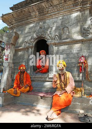 Sadhus in preghiera in un santuario, Pashupatinath, provincia di Bagmati, distretto di Kathmandu, Nepal Foto Stock