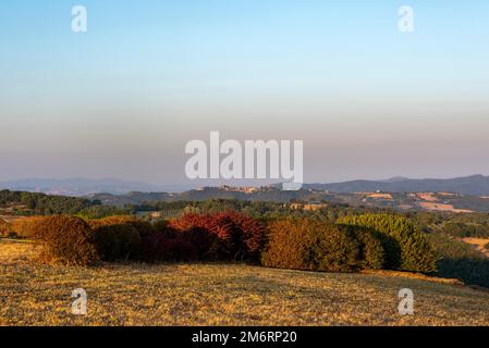 Vista della Maremma, alba, Sasso d'Ombrone, provincia di Grosseto, Toscana, Italia Foto Stock