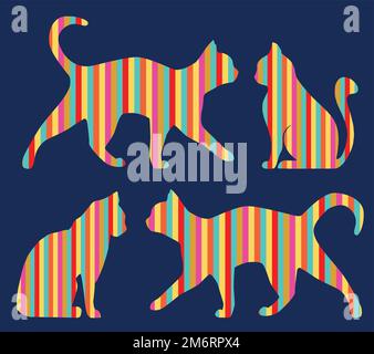 Set di gatti stilizzati vettoriali a righe arcobaleno, seduti e a piedi. Illustrazione vettoriale Illustrazione Vettoriale