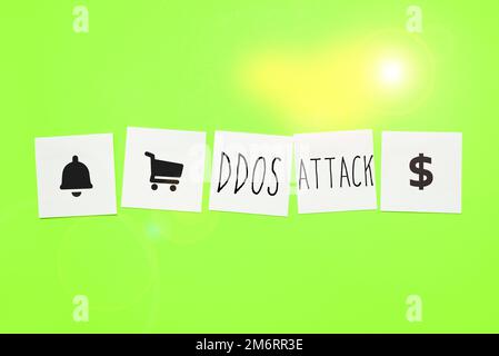 Firma scritta a mano attacco DDoS. Il responsabile dell'approccio aziendale cerca di rendere le risorse di rete non disponibili Foto Stock
