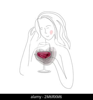 Giovane donna in depressione sentirsi felice dopo aver bevuto vino, linea continua vettore illustrazione isolata su sfondo bianco. Prima e dopo Illustrazione Vettoriale